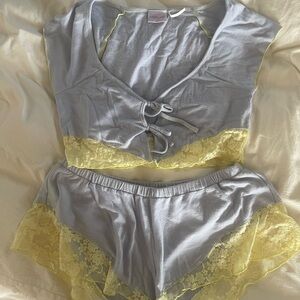 Urban Outfitters Out from Under Blue and Yellow Lace Trim Pajama Set